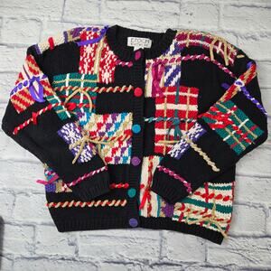 VTG Epoch Knitwear Embellished Cardigan Black Patchwork Button Sweater sz Medium